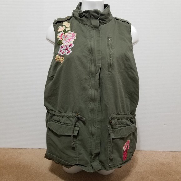 New Look vest 1X floral embroidered utility pockets army zip sleeveless jacket - Picture 1 of 16